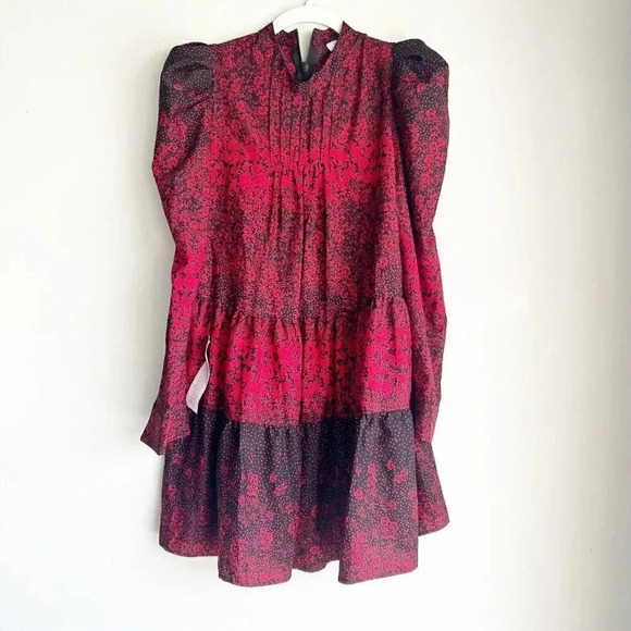 Topshop Size 2 Tiered Hem Long Puff Sleeve Shift Mini Dress Floral Red Black NEW - Picture 6 of 11